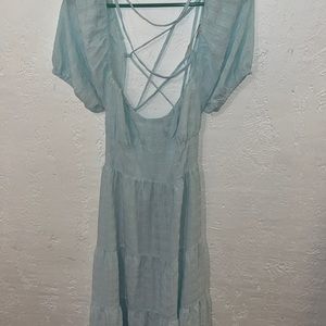 Mint blue color maxi dress with puff sleeves